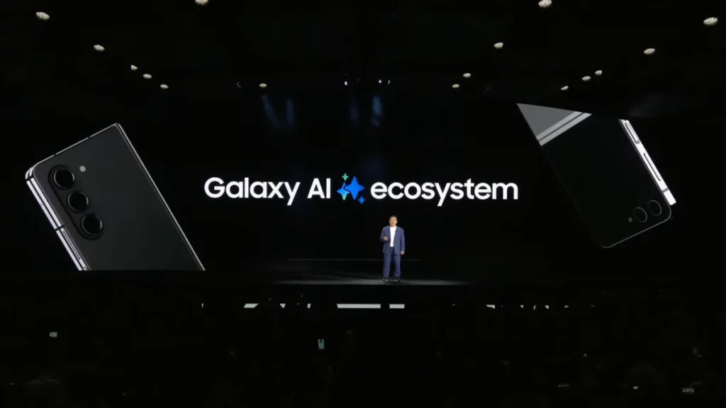 Eksekutif Samsung di atas panggung saat presentasi 'Galaxy AI Ecosystem', yang menjadi pendorong utama di balik lonjakan laba Samsung.