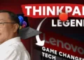 Ilustrasi sejarah Lenovo yang menampilkan pendiri Liu Chuanzhi, laptop ThinkPad, dan teks "ThinkPad Legend" yang merangkum perjalanan Lenovo menjadi produsen PC no. 1.