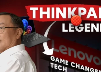 Ilustrasi sejarah Lenovo yang menampilkan pendiri Liu Chuanzhi, laptop ThinkPad, dan teks "ThinkPad Legend" yang merangkum perjalanan Lenovo menjadi produsen PC no. 1.