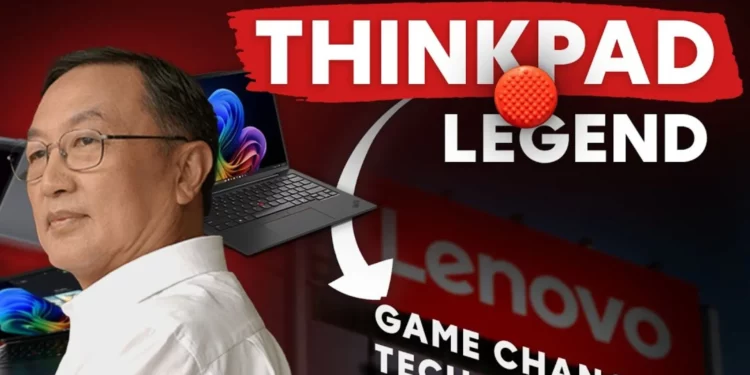 Ilustrasi sejarah Lenovo yang menampilkan pendiri Liu Chuanzhi, laptop ThinkPad, dan teks "ThinkPad Legend" yang merangkum perjalanan Lenovo menjadi produsen PC no. 1.