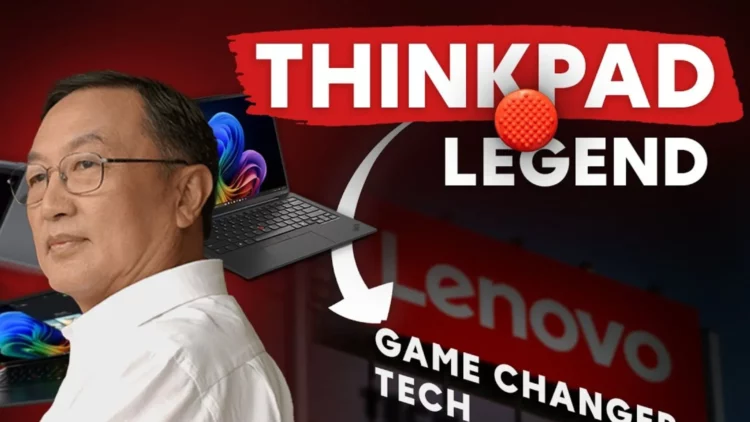 Ilustrasi sejarah Lenovo yang menampilkan pendiri Liu Chuanzhi, laptop ThinkPad, dan teks "ThinkPad Legend" yang merangkum perjalanan Lenovo menjadi produsen PC no. 1.