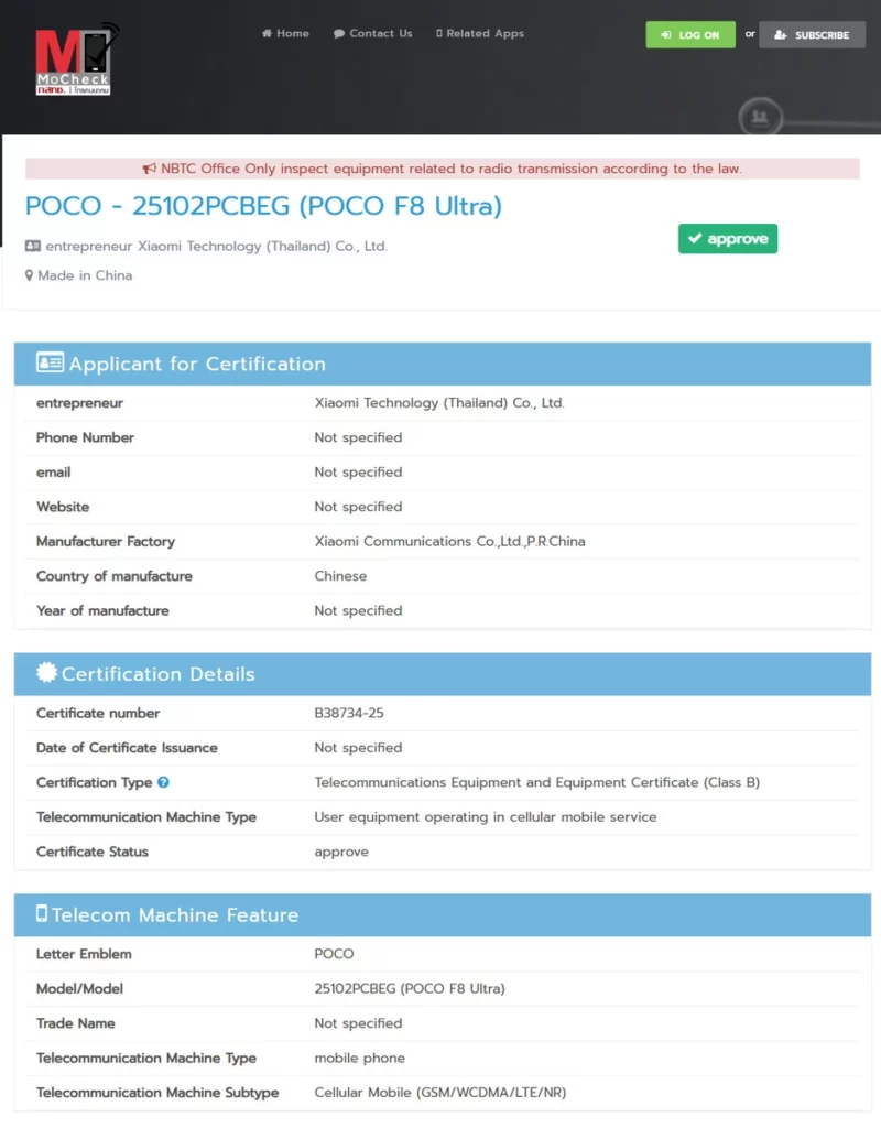 Screenshot sertifikasi NBTC Thailand yang secara resmi mengonfirmasi nama Poco F8 Ultra dengan nomor model 25102PCBEG, status disetujui.