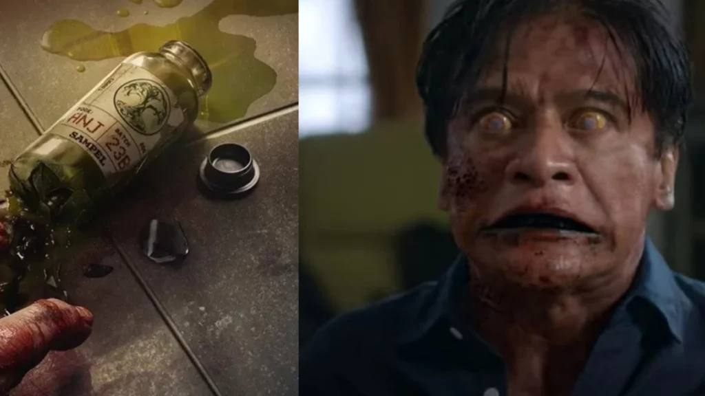 Kolase sinopsis film Abadi Nan Jaya, menampilkan botol jamu kuno yang pecah dan karakter Donny Damara yang terinfeksi wabah zombie.