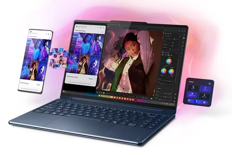 Lenovo Yoga 9 Gen 10, salah satu laptop 2-in-1 terbaik, sedang menampilkan alur kerja kreatif dengan transfer file dari smartphone.