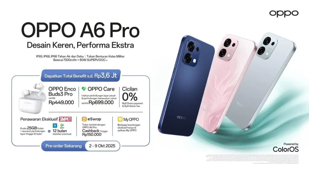 Infografis promo pre-order yang menjadi bagian dari review OPPO A6 Pro, menampilkan total keuntungan Rp3,6 juta.