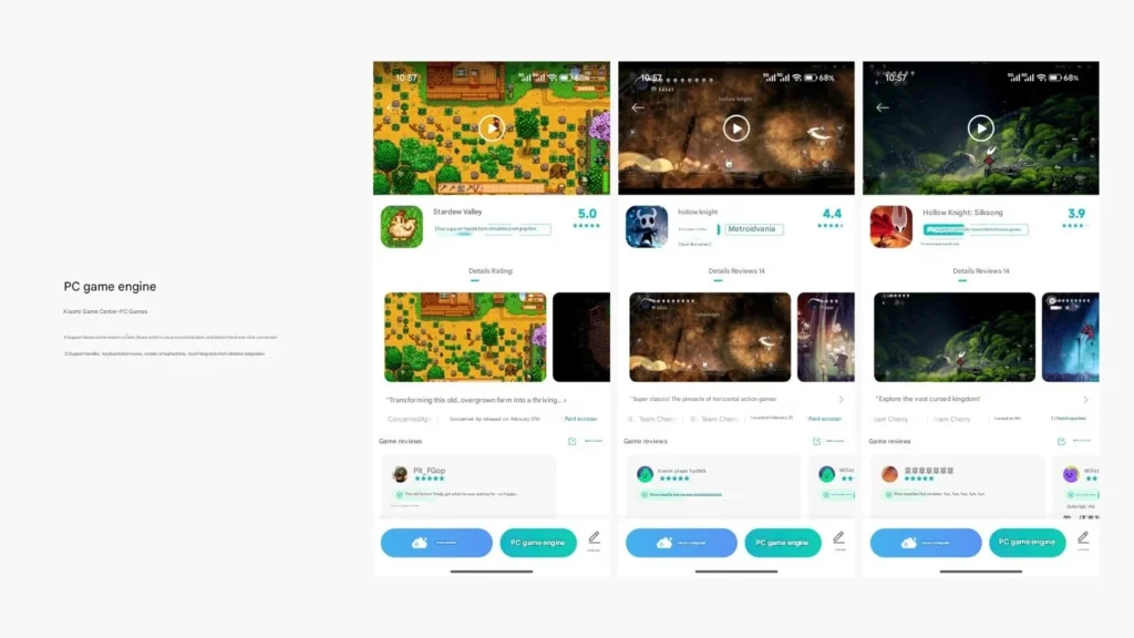 Tangkapan layar Xiaomi Game Center di Redmi K90, menunjukkan kategori 'PC Game' yang menjalankan game Steam di HP seperti Stardew Valley dan Hollow Knight secara lokal, bukan cloud.
