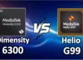 Perbandingan visual MediaTek Dimensity 6300 (kiri) versus MediaTek Helio G99 (kanan) dengan tulisan "VS" di tengah.