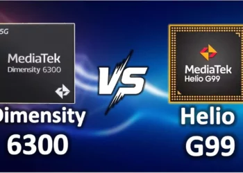 Perbandingan visual MediaTek Dimensity 6300 (kiri) versus MediaTek Helio G99 (kanan) dengan tulisan "VS" di tengah.