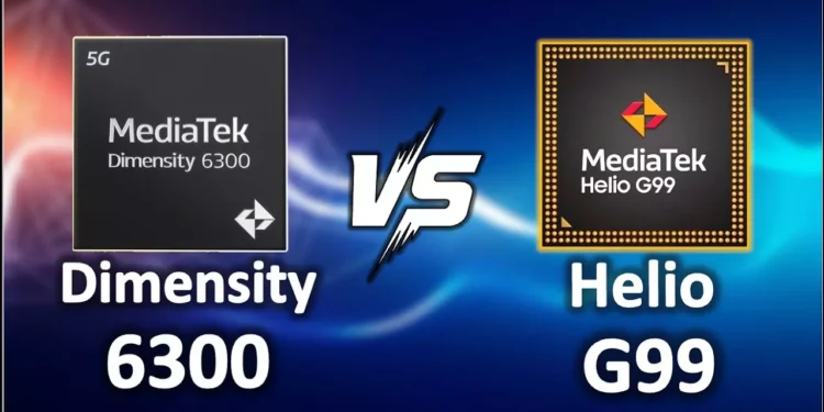 Perbandingan visual MediaTek Dimensity 6300 (kiri) versus MediaTek Helio G99 (kanan) dengan tulisan "VS" di tengah.