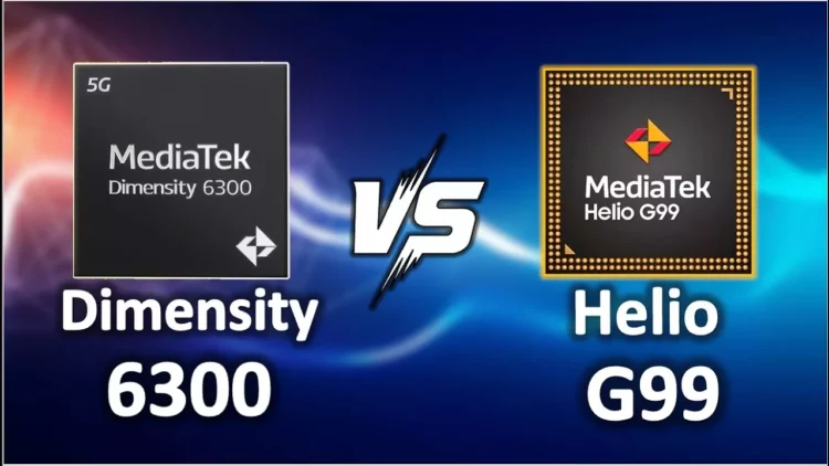 Perbandingan visual MediaTek Dimensity 6300 (kiri) versus MediaTek Helio G99 (kanan) dengan tulisan "VS" di tengah.