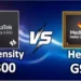 Perbandingan visual MediaTek Dimensity 6300 (kiri) versus MediaTek Helio G99 (kanan) dengan tulisan "VS" di tengah.