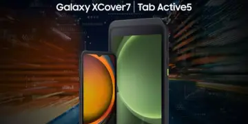Samsung Galaxy XCover 7 Pro dan Galaxy Tab Active 5 Pro yang merupakan perangkat tahan banting, ditampilkan berdampingan.