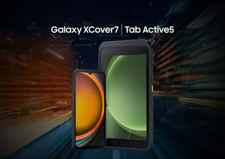 Samsung Galaxy XCover 7 Pro dan Galaxy Tab Active 5 Pro yang merupakan perangkat tahan banting, ditampilkan berdampingan.
