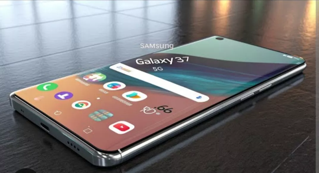 Desain render ponsel Samsung Galaxy A37 5G dengan layar penuh dan punch-hole kamera depan.