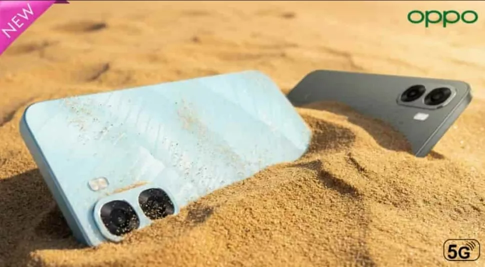 Tampilan belakang smartphone Oppo A6x 5G berwarna biru muda dengan desain boxy dan modul kamera yang menyerupai iPhone.