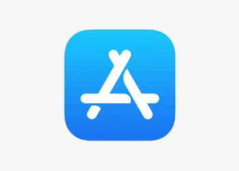Logo ikon aplikasi App Store berwarna putih di atas latar belakang biru muda, merupakan simbol resmi dari platform distribusi aplikasi Apple.
