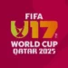 Logo resmi FIFA U-17 World Cup Qatar 2025 dengan latar belakang merah marun dan aksen oranye.