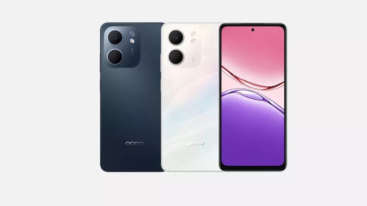 Tiga unit Oppo A6x 5G dalam varian warna berbeda (hitam, biru, dan putih), menonjolkan pilihan warna yang cerah.