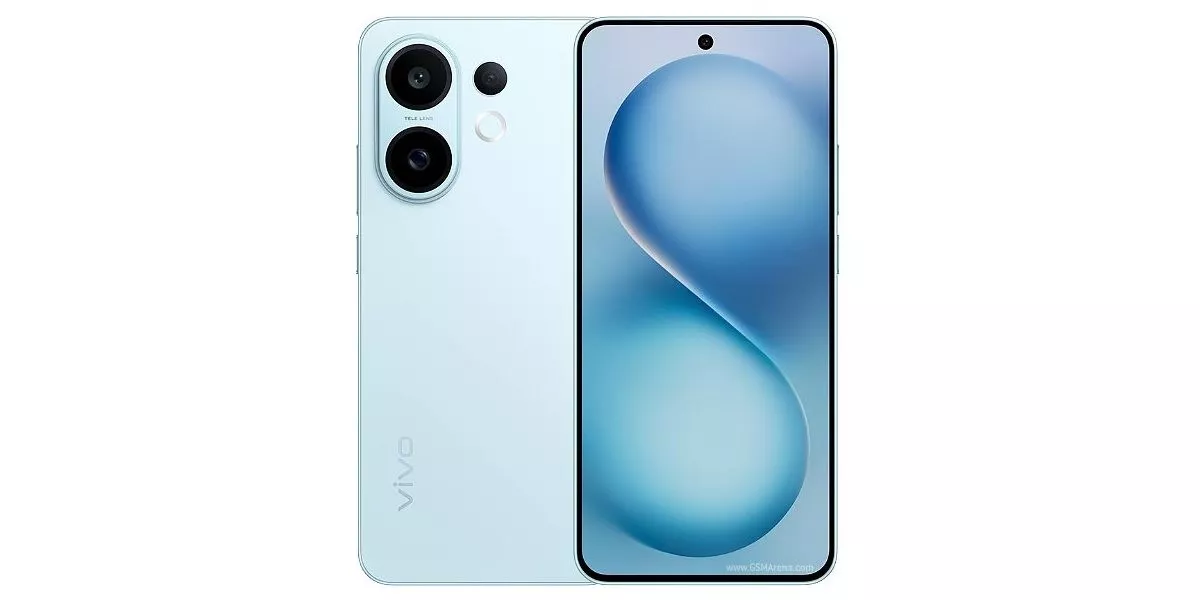 Tampilan depan dan belakang smartphone Vivo S50 Series berwarna biru muda dengan desain modul kamera ganda vertikal yang besar.