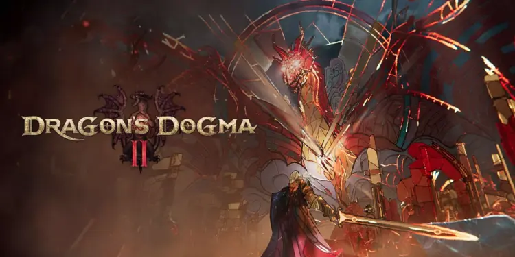 Logo resmi game Dragon's Dogma 2 dengan artwork karakter utama (Arisen) memegang pedang.