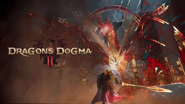 Logo resmi game Dragon's Dogma 2 dengan artwork karakter utama (Arisen) memegang pedang.
