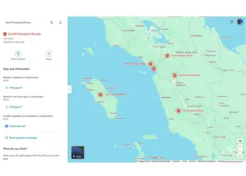 Tampilan peta di Google Maps yang fokus pada area spesifik di Sumatera, ditandai dengan warna atau simbol yang mengindikasikan genangan air atau banjir.