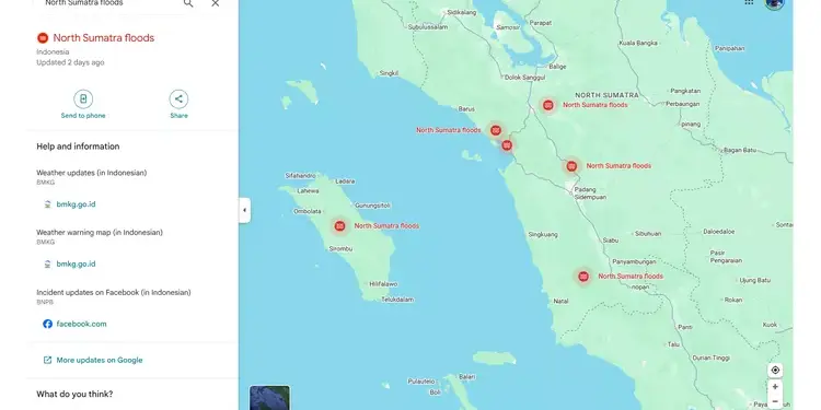 Tampilan peta di Google Maps yang fokus pada area spesifik di Sumatera, ditandai dengan warna atau simbol yang mengindikasikan genangan air atau banjir.