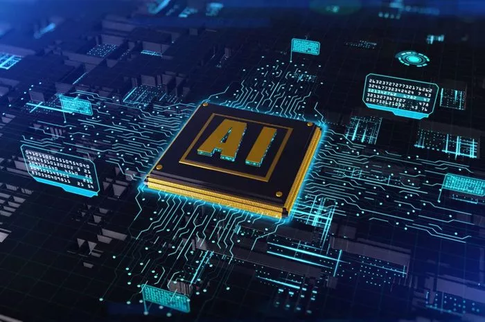 Chip prosesor berwarna emas dengan tulisan "AI" di tengah, diletakkan di atas papan sirkuit digital yang bersinar biru, melambangkan kecerdasan buatan.