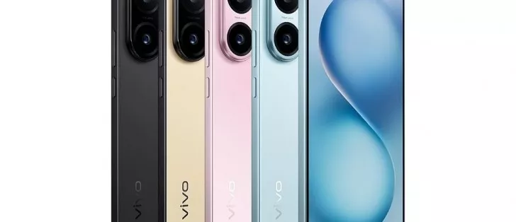 Empat unit smartphone Vivo S50 Series dalam barisan warna hitam, gold, pink, dan biru muda.