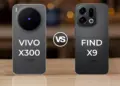 Dua smartphone flagship (satu putih dan satu biru) ditampilkan berdampingan, mengilustrasikan perbandingan antara Vivo X300 dan Oppo Find X9.