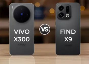 Dua smartphone flagship (satu putih dan satu biru) ditampilkan berdampingan, mengilustrasikan perbandingan antara Vivo X300 dan Oppo Find X9.