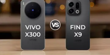 Dua smartphone flagship (satu putih dan satu biru) ditampilkan berdampingan, mengilustrasikan perbandingan antara Vivo X300 dan Oppo Find X9.