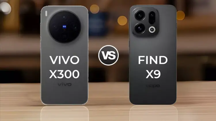 Dua smartphone flagship (satu putih dan satu biru) ditampilkan berdampingan, mengilustrasikan perbandingan antara Vivo X300 dan Oppo Find X9.