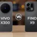Dua smartphone flagship (satu putih dan satu biru) ditampilkan berdampingan, mengilustrasikan perbandingan antara Vivo X300 dan Oppo Find X9.