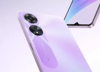 Tampilan belakang smartphone OPPO A78 5G berwarna ungu (Purple Mist) yang menonjolkan desain modul kamera ganda "Innovative AI Camera".