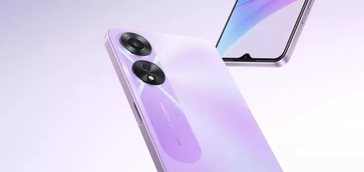 Tampilan belakang smartphone OPPO A78 5G berwarna ungu (Purple Mist) yang menonjolkan desain modul kamera ganda "Innovative AI Camera".