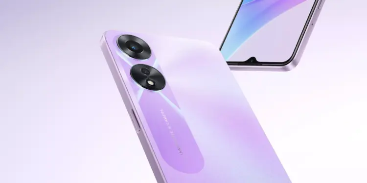 Tampilan belakang smartphone OPPO A78 5G berwarna ungu (Purple Mist) yang menonjolkan desain modul kamera ganda "Innovative AI Camera".