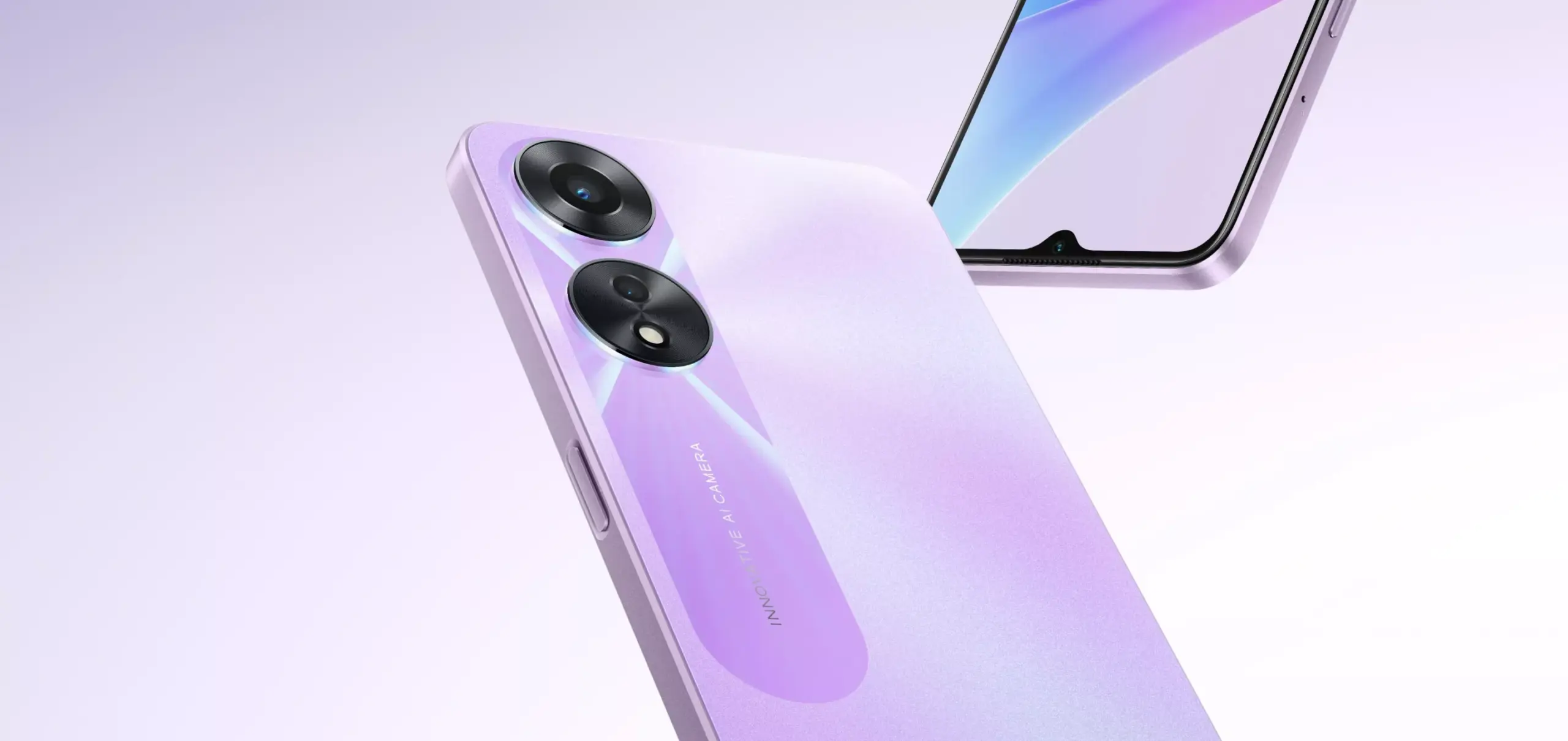 Tampilan belakang smartphone OPPO A78 5G berwarna ungu (Purple Mist) yang menonjolkan desain modul kamera ganda "Innovative AI Camera".