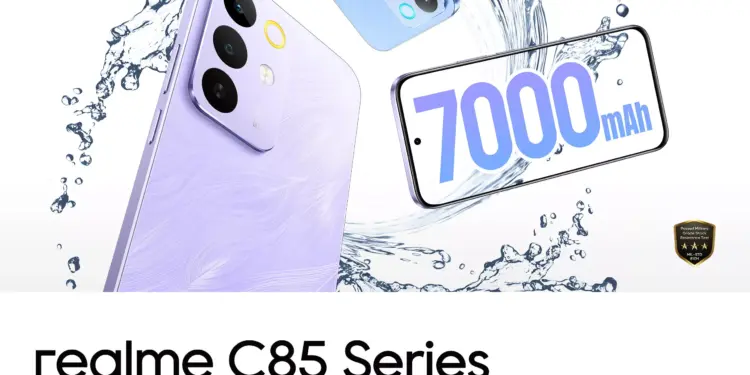 Tampilan belakang smartphone Realme C-Series berwarna biru dengan desain garis-garis yang futuristik.