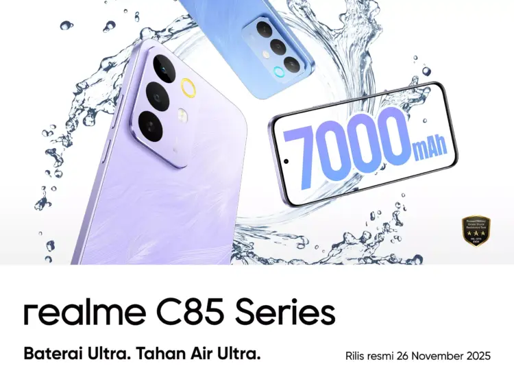Tampilan belakang smartphone Realme C-Series berwarna biru dengan desain garis-garis yang futuristik.