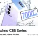 Tampilan belakang smartphone Realme C-Series berwarna biru dengan desain garis-garis yang futuristik.