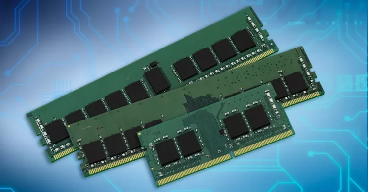 Tiga keping memori RAM (Random Access Memory) ditumpuk dengan latar belakang sirkuit digital berwarna biru, mewakili stok dan pasokan memori.
