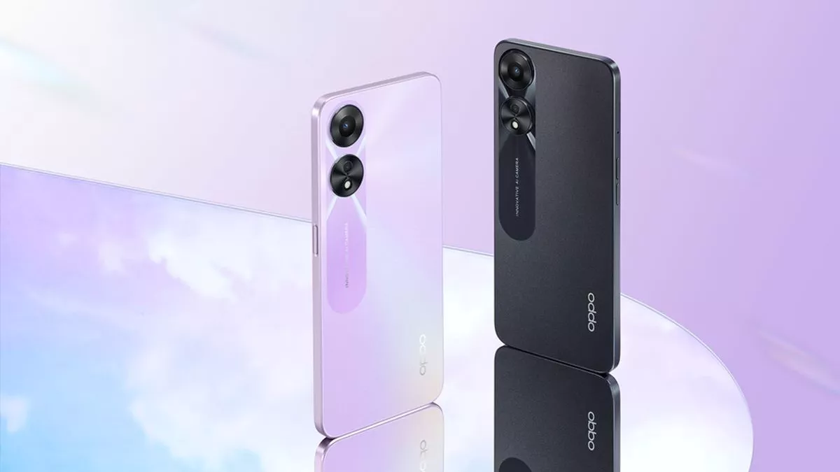 Dua unit smartphone OPPO A78 5G, berwarna ungu (Purple Mist) dan hitam (Glowing Black), ditampilkan dari sisi belakang.
