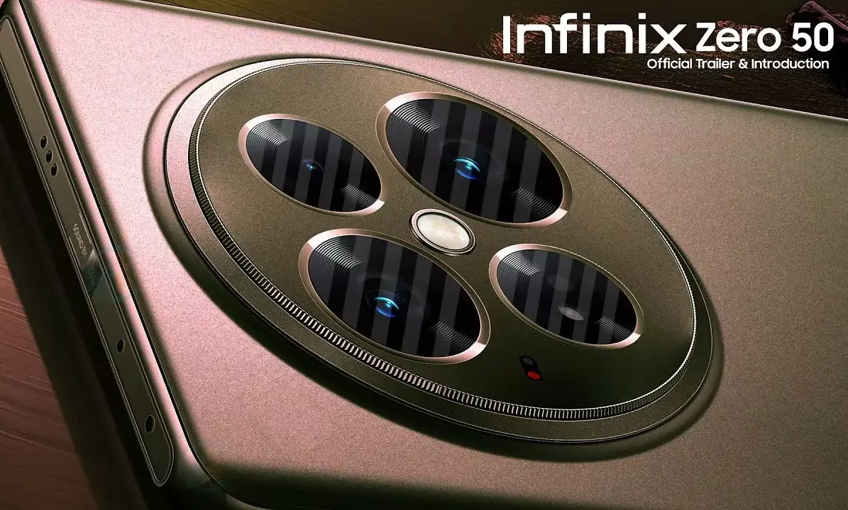 Tampilan close-up modul kamera belakang Infinix Zero 50 5G yang menonjolkan susunan lensa dan branding kamera.