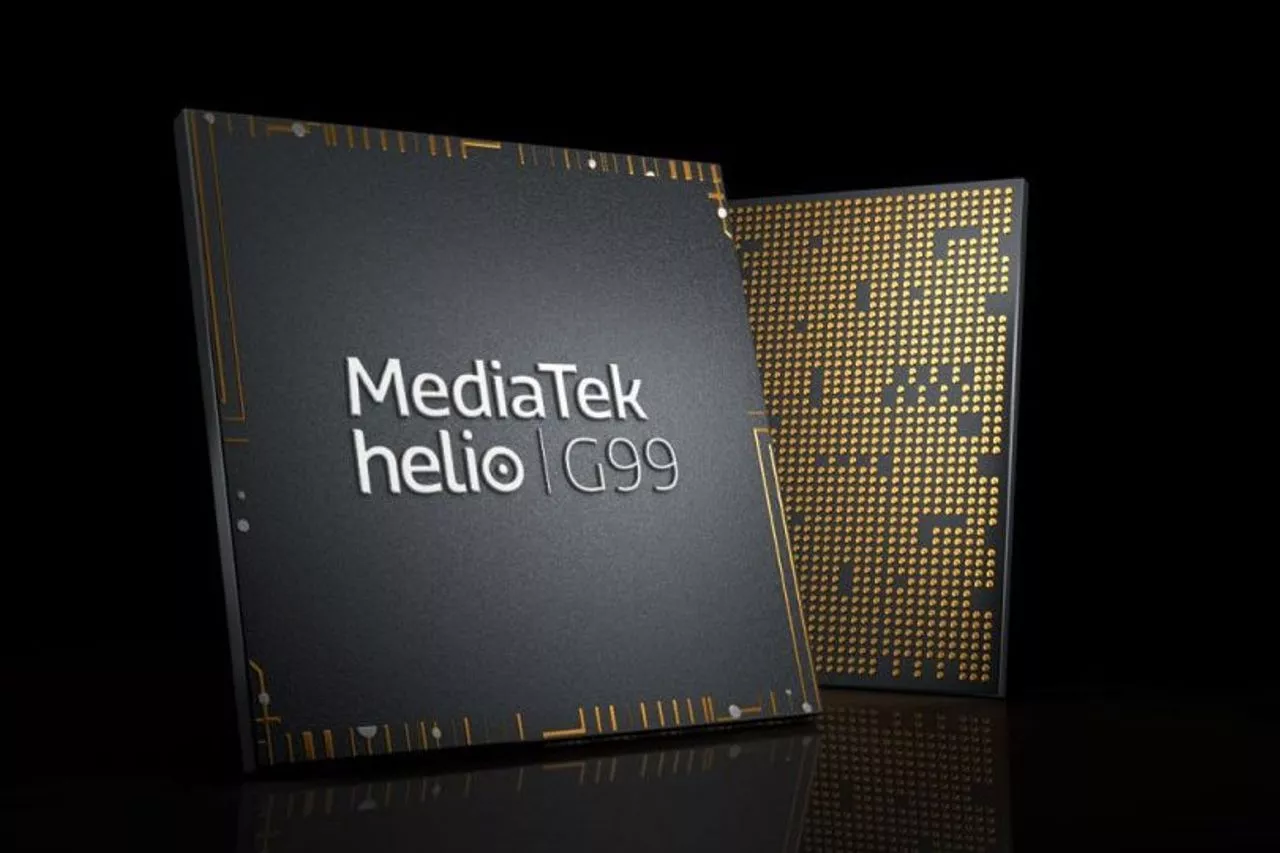 Gambar render close-up chip MediaTek Helio G99 dari sisi miring, menunjukkan sisi konektor emas.