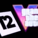 Logo perusahaan penerbit game Take-Two Interactive (T2) di latar depan dengan latar belakang blur logo Grand Theft Auto VI (GTA VI).