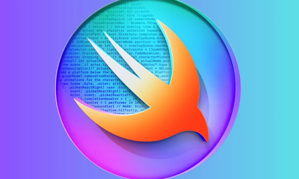 Ikon burung Swift di dalam lingkaran dengan latar belakang kode berwarna biru-ungu, fokus pada detail logo kompetisi.