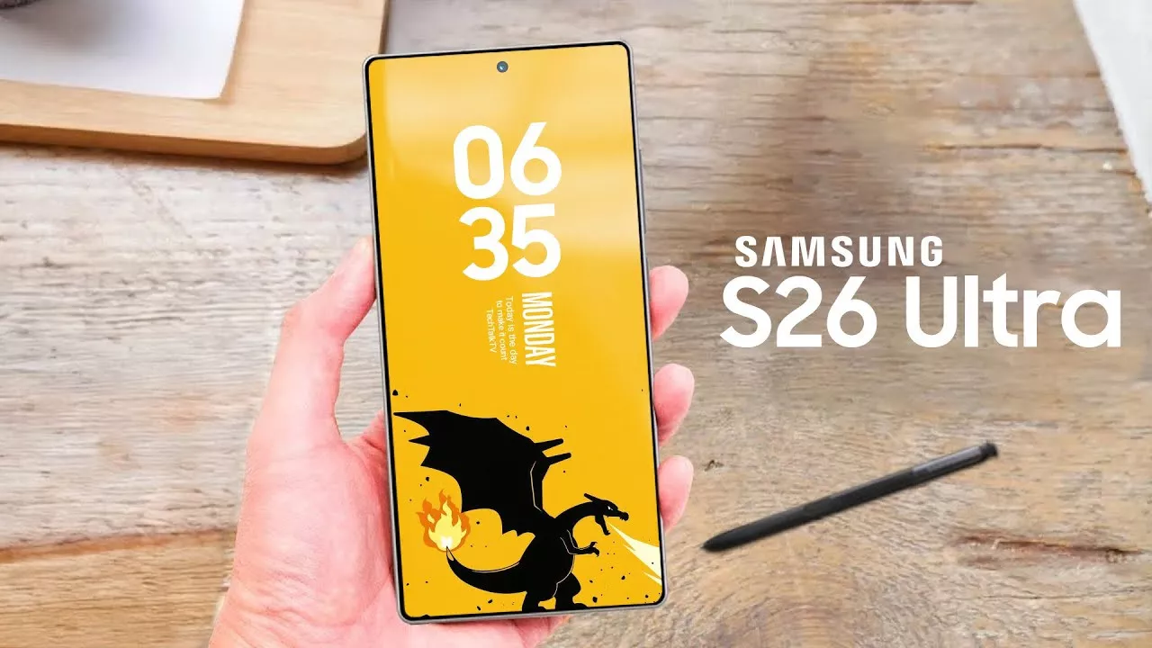 Tampilan depan Samsung Galaxy S26 Ultra dengan layar kuning cerah menampilkan siluet naga, dan S Pen di samping.