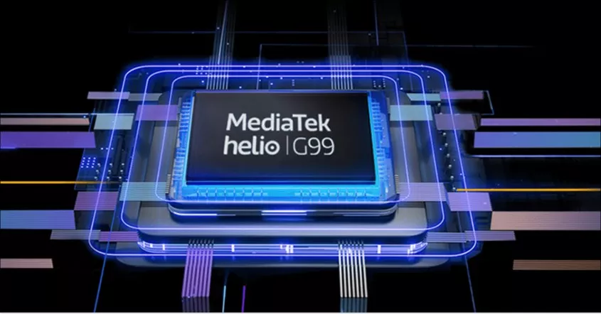 Ilustrasi chip MediaTek Helio G99 yang terpasang di atas papan sirkuit digital dengan efek cahaya neon biru.