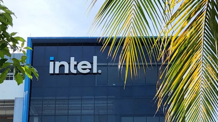 Logo Intel di fasad bangunan berwana biru gelap, dilihat dari balik daun pohon palem yang terang.